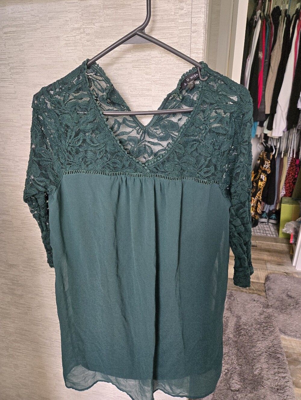 As U Wish Forest Green Lace Yoke V-Neck Blouse